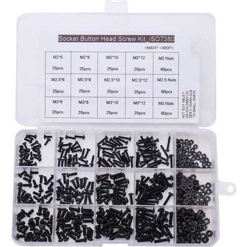 480Pcs ISO7380 M2 M2.5 M3 Alloy Steel 10.9 Level Black Hexagon Socket Button Head Screw Furniture Mushroom Cap Bolts Kit HW041