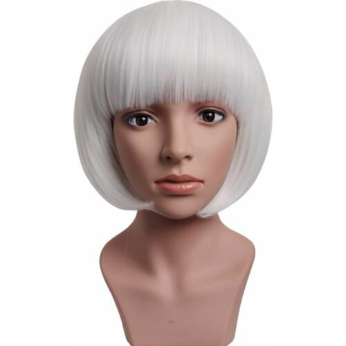 BESTUNG Short White Straight Bob Wigs with Flat Bangs for Women Cosplay Party Costume Halloween Hair Synthetic Wig