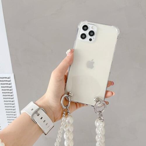 Crossbody Lanyard Necklace Pearl Bracelets chain Phone case for iPhone 12 Pro Max MiNi 11 Pro XR X XS 7 8 plus Clear Cover funda