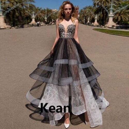 Illusion Black Evening Dress Spaghetti Straps Ruffle Islamic Dubai Saudi Arabic Evening Gown Prom Dress Boho vestidos de festa