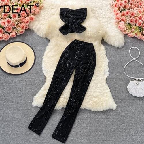 DEAT Women Strapless Diamonds Top Long Pants New Arrivals Two Piece Set Fashion Temperament Spring Summer Bouncy 2021 11D1839