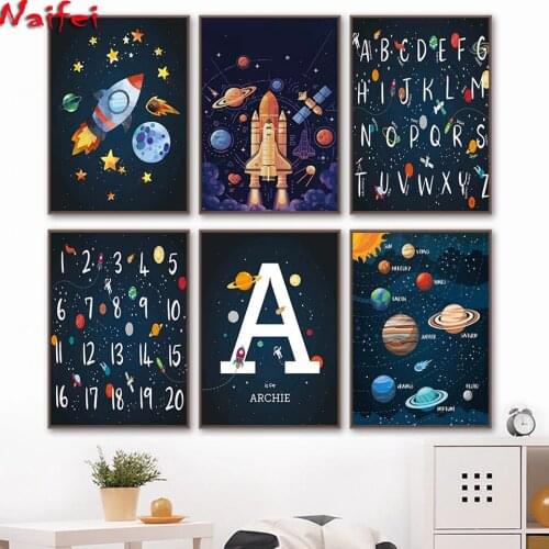 Planet Rocket Spaceship Number Letter Nursery Wall Art Diamond Painting Nordic Diamond Embroidery Pictures Kids Room Decor