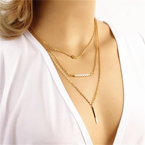 Women Concise String White Simulated Pearl Strip Multi Layer Necklace Gold