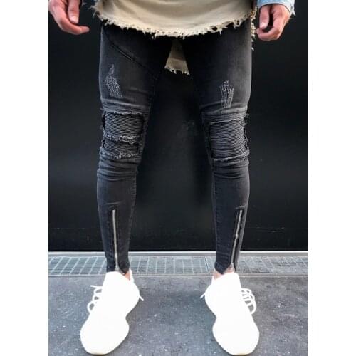 Motorcycle Jeans Men Distressed Holes Skinny Denim Joggers Pants New Men Hip Hop Zipper Ripped Biker Jeans Fashion Slim Fit