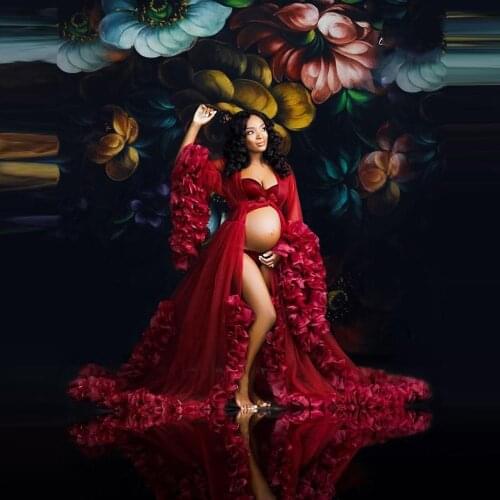 Elegant Red Extra Puffy Tulle Maternity Dresses Long Sleeves Sexy Sheer See Through Bridal Maternity Photography Tulle Robes