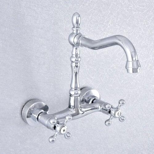 Chrome Wall Mount Basin Faucets Dual Handles Mixer Tap Hot Cold Water Mixer Tap For Kitchen 360 Rotation Kitchen Mixer