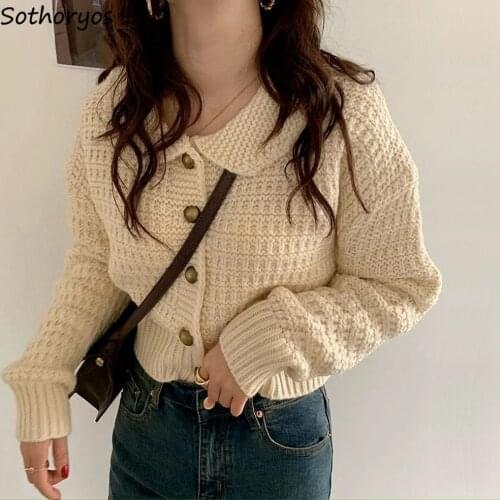 Women Kawaii Cardigan Crop Top Peter Pan Collar Solid Loose Large Size Sweaters S-3XL Soft Teenagers Fashion Female Knitwear New