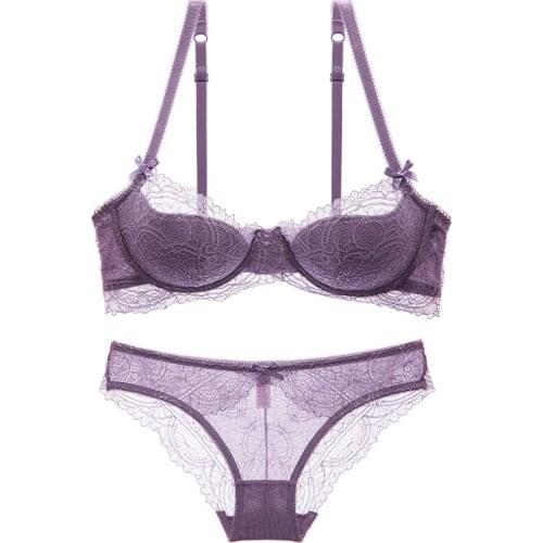 Multi Way Womens Comfortable Underwire Model Up Bra & Panties Lace Floral Embroidery Push Up Bra Set 32 34 36 38 A B C D Purple