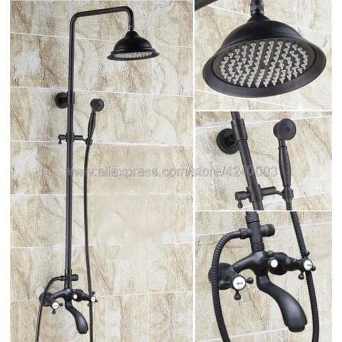 Black Oil Rubbed Brass Shower Bath Faucet Sets Wall Mounted EXposed 8" Rainfall Shower Mixers with Handheld Shower Khg113