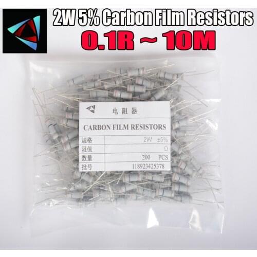 200pcs 2W Carbon Film Resistors 5% 0.1 ~ 10M 1R 4.7 10 22R 33R 47R 1K 4.7K 10K 100K 0.22 0.33 10M ohm Metal oxide film Resistors