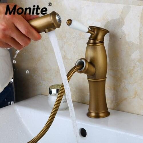 Monite Luxury Solid Brass Bathroom Faucet Pull Out Mixer Antique Brass Ceramic Handle Bathroom Basin Sink Faucets Mixers Tap