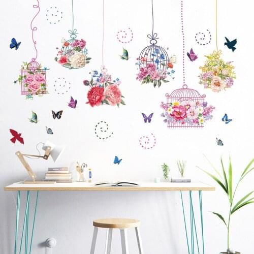 Birdcage Wall Stickers Flowers Butterflies Home Decor Decals Room Decoration Teenager Aesthetic Poster Bedroom Living Room Decor