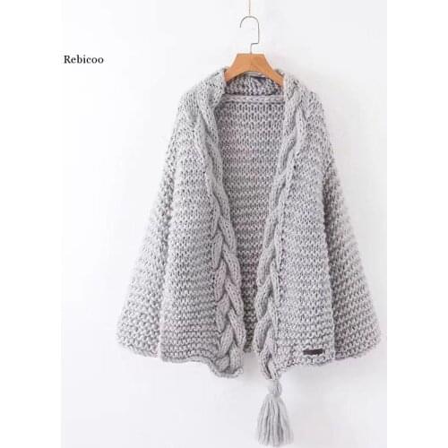 Autumn Winter Long Twist Knitted Cardigan Women Sweater Casual Tassels Thick Lantern Sleeve Cardigan Feminino Outwear Tops