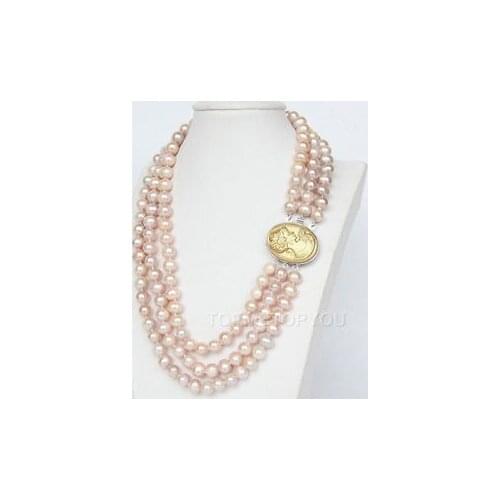 3rows 8-9mm pink lavender cultured pearls necklace