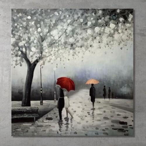 Hand Painted Landscape Oil Painting ,Autumn Rainy Day Street Lovers Kiss Under Umbrella Canvas Art Wall Mural Picture (No Frame)