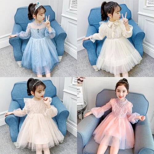 VOGUEON Fancy Princess Girls Dress Long Sleeve Mesh Lace Elegant Dresses For Kids Wedding Party Sequins Beading Children Clothes