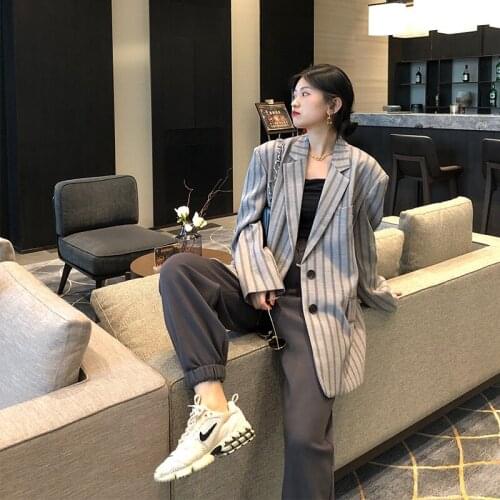 Grey Stripes Blazer Women Coat Casual Loose Korean 2021 Autumn Oversized Single-breasted Turndown Collar Long Sleeve Suit Jacket