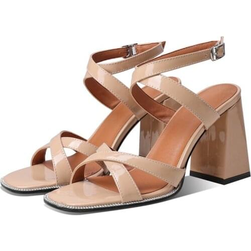 Nude high heels sandals fashion cross strap patent leather peep toe chunky heel woman ankle buckle beach shoes summer party shoe