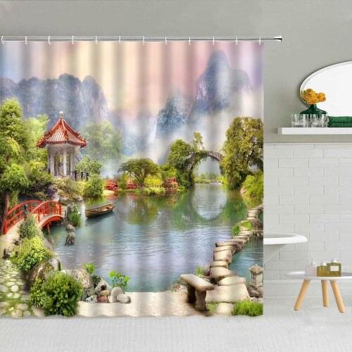 Natural Scenery Shower Curtain Mountain Forest Wooden Bridge Waterfall Polyester Fabric Bathroom Supplies Decor Cloth Curtains