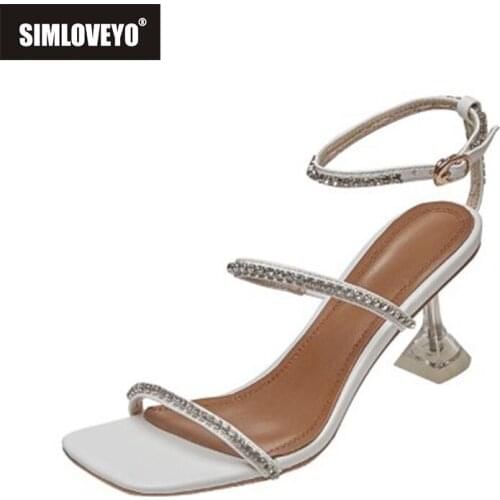SIMLOVEYO Size 34-43 Rhinestone Beautiful Ribbon Genuine Leather Sheepskin Strap Women Sandals Summer Heels Shoes Size 11 B2605