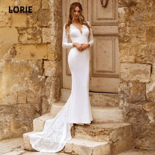 LORIE Wedding Dresses Boho Mermaid V-Neck Lace Long Sleeves Stretchy Chiffon White Ivory Country Bridal Gown suknia ślubna