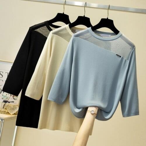 L-4XL plus size women sexy hollow out basic sweater 2021 3/4 sleeve o neck kint mesh Patchwork Summer thin sweaters pull