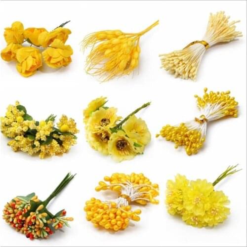 Yellow Artificial Flowers Fruit Cherry Stamen Berries Bundle DIY Cake Christmas Wedding Party Gift Box Wreaths Home Decor