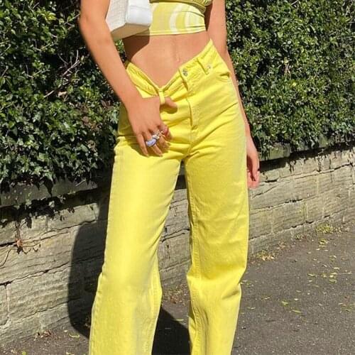 Women Candy Color Denim Trousers Autumn Summer 2021 New Casual High-Waist Loose Flared Pants with Pockets for Girls 4 Colors