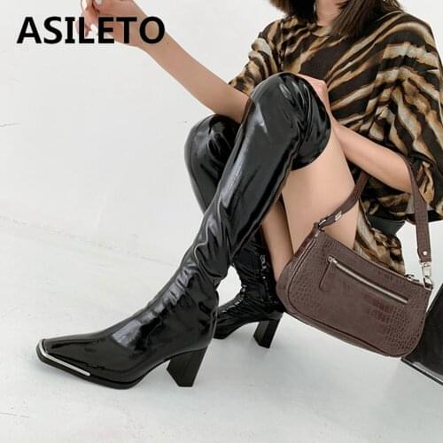 ASILETO Shoes women Genuine leather Female Over the knee boots Patent leather Square toe Fashion Sexy Zipper High quality Cool