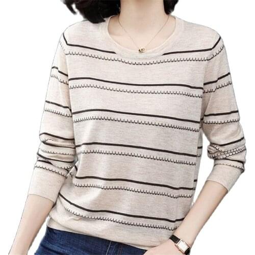 Spring Autumn Women Sweater Pullover Korean Temperament Loose Stripe Knitwear Casual O-Neck Ladies Long Sleeve Top TT0068