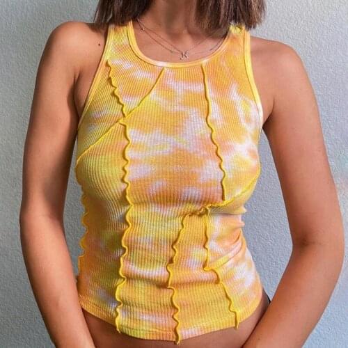 Women Sexy Clubwear Sleeveless Crop Top O Neck Tie Dye Ribbed Tank Top 2021 Ladies Party Bodycon Short Tops Female