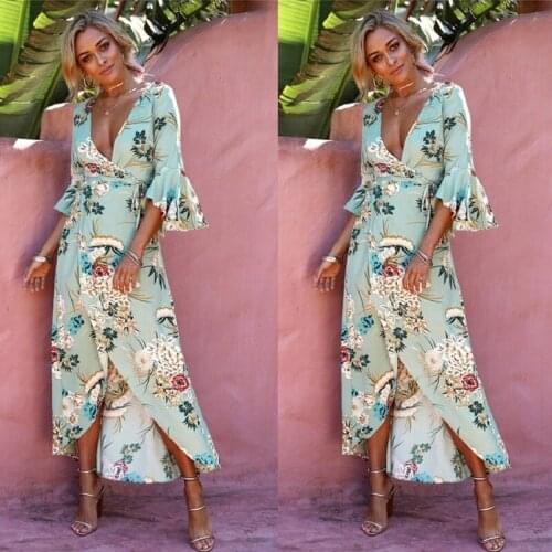 Robe Femme Ete 2020 New Print Long Dress V-neck Summer Dress Women Harajuku Casual Beach Chic Boho Split Maxi Dress Vestidos