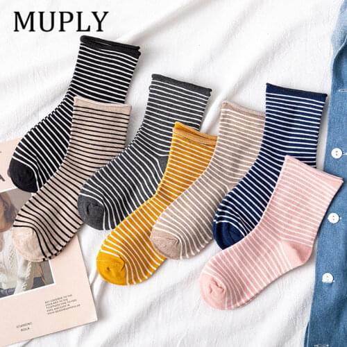 1 pairs Japanese Womens Cotton Socks Solid color Stripes Classic Warm Casual Tide Harajuku Funny Cute Pop Korean Socks Lolita