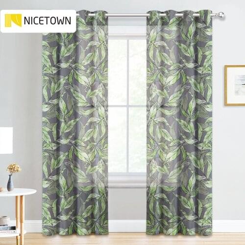 NICETOWN 1PC Print Leaf Pattern Sheer Curtain Grommet Decoration Items with Curtain Living Room Bedroom Fashion Voile Green Bay