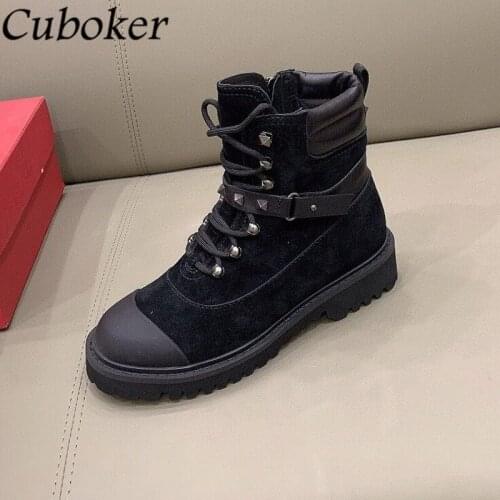 Brand Runway Women Martin Boots Lace Up River Decor Female Short Boots High Quality Autumn Winter Boots For Women Zapatos Mujer