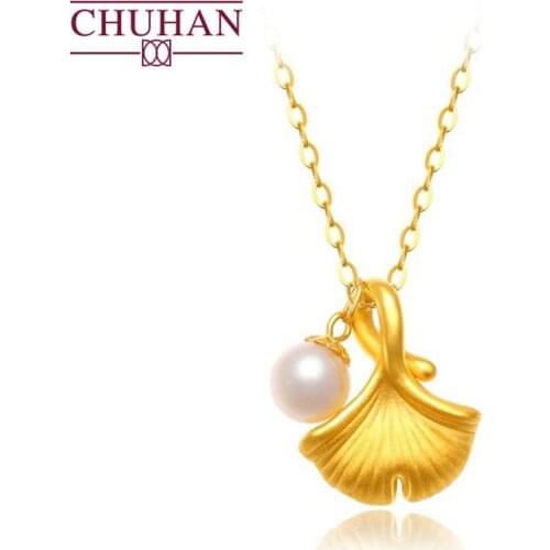 CHUHAN Jewelry 999 Gold Maple leaf shape Pendant Necklace Natural pearl Pendant 3D Hard Gold Craftsmanship 18K Chain 925