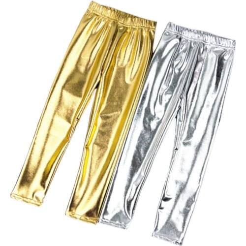 Kids Girl Leggings Elastic 2-12Y Pants Skinny Gold kids Metal Color Fuax Leather Baby Pents Leggings for Performances Costumes