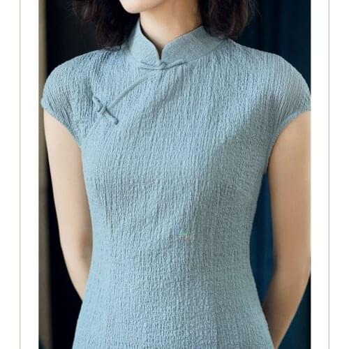 Improved cheongsam retro Chinese style long skirt summer solid color dress medium length