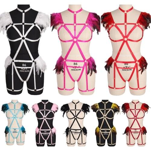 Women Feather Harness Bra Cage Stocking Suspenders Punk Dance Party Wear Erotic Lingerie Sword Belt Elastic Sexy Lingerie Set