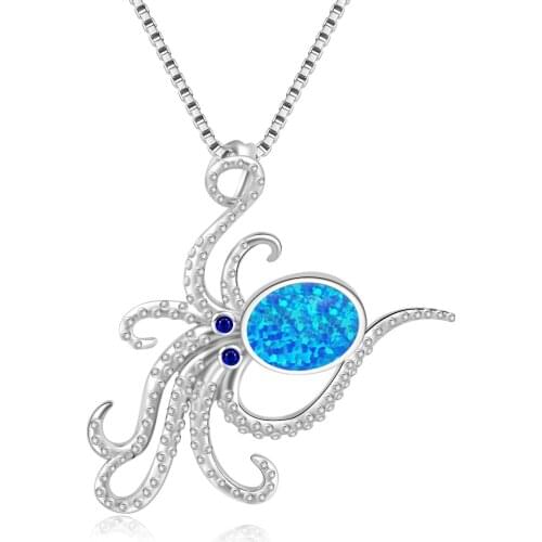 FDLK Cute Female Octopus Animal Pendants Necklaces Vintage Silver Color Jewelry White Blue Fire Opal Necklaces For Women