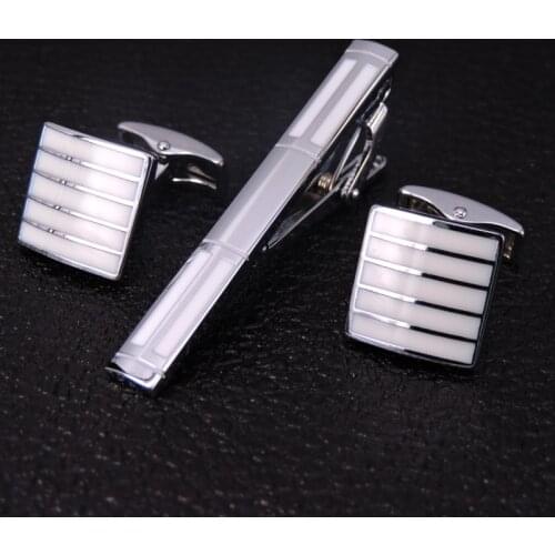 HYX Classic white Tie Clips cufflinks set for Men High Quality Enamel Engrave Pattern Necktie Tie Bar link Clasp Brand Jewelry