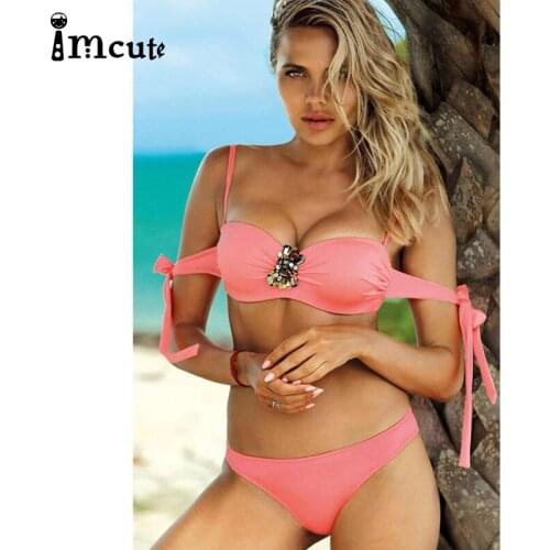 ImCute 2020 2PCS Sling Bikini Set For Women Pure Solid Color Straps Underwear Thong Sexy 4 Styles Bathing Suit with Rhinestones