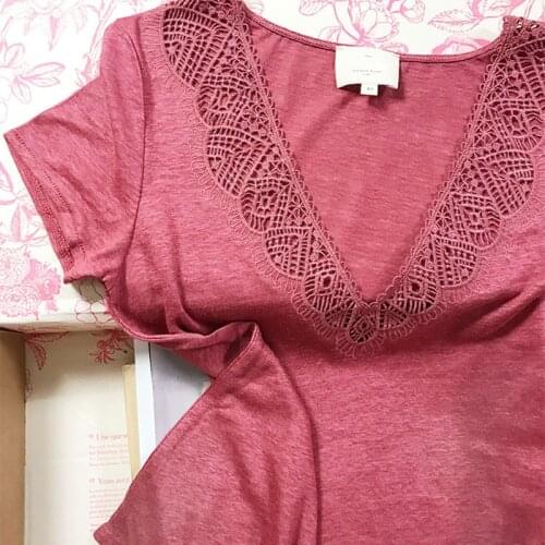 Lace V Neck Women T shirt Short Sleeve Patchwork Elegant Blouse Tops Casual Retro Sexy Femme Vintage Tee Shirts Versatile