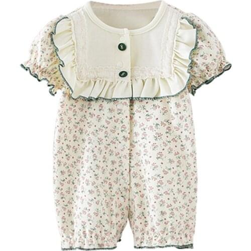 Girls Short Sleeve Little Flowers Print Round Neck Princess Cotton Summer Dress Rompers One-Pieces Rompers