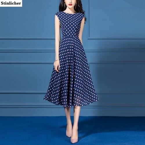 Summer retro sleeveless polka dot print chiffon dress women elegant slim high waist A-line ladies work dress female casual dress