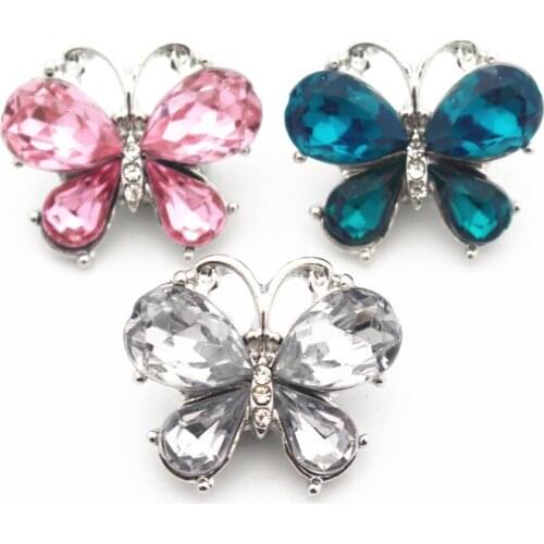Hot Sale 3pcs/lot 3 Colors Butterfly Crystal Silver Snap Button Fit 18mm/20mm Ginger Snap Button Necklace Bracelet DIY Jewelry