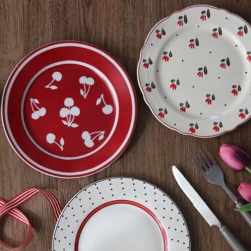 Korean Ins Household Kitchen Small Red Flower Cherry Plate Ceramic Tableware Home Dessert Disc Cake