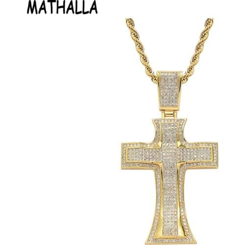 MATHALLA Hip Hop Jewelry Wide Double Layer Jesus Christ Cross Charm Necklace Bling Copper Gold Plated Iced Out CZ Cross Pendant