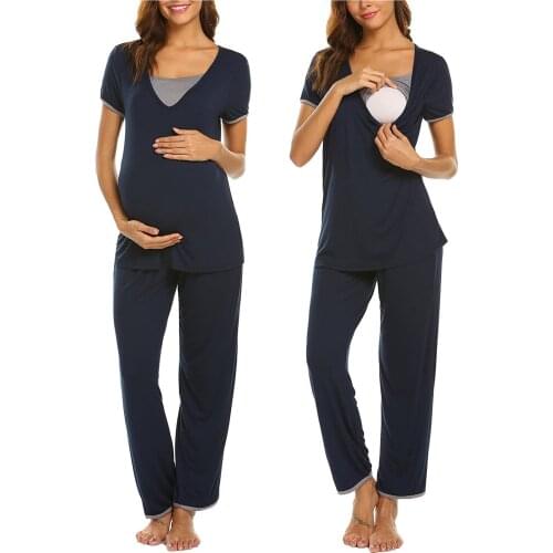 Fashion Women Maternity Nightwear Solid Colors Short Sleeve Breastfeeding Pregnancy Nursing T-shirt+Pants Home Pajamas Set#g4