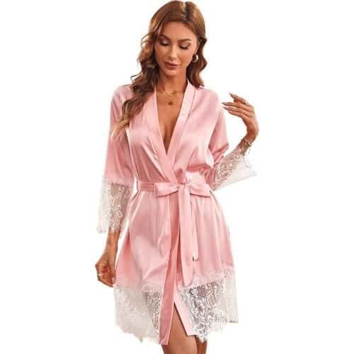 BALDAUREN 2021 New Home Night Gown Ladies Mid-Sleeve Hem Home Service Lace Sexy Simulation Silk Pajamas Bathrobe Robe